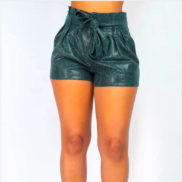 Pants - Dark Green Faux Leather Paper Bag High Waist Short